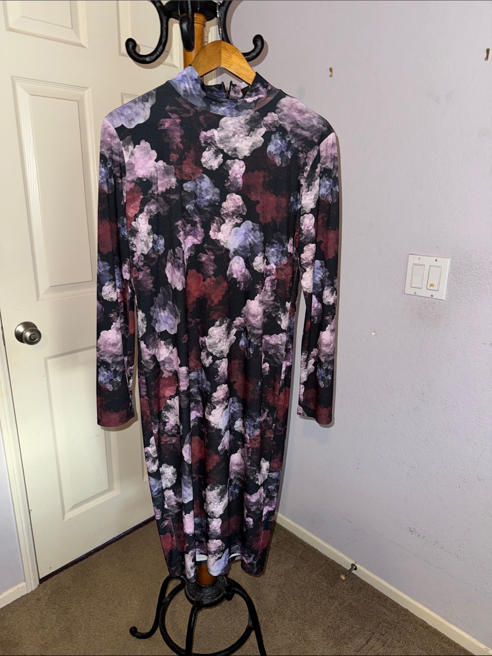 DKNY Long Sleeve Mock Neck Floral Print Dress - Black & Burgundy